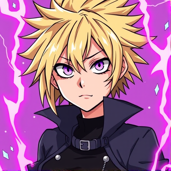Blonde hair. My hero academia oc. Spikey and short. Female. Purple eyes. Villain. Magic quirk. Deranged look on face