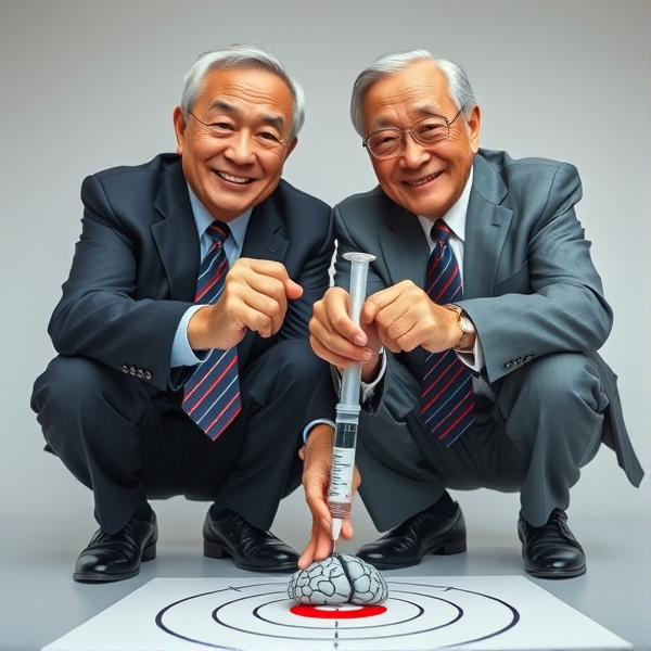 Deux hommes d'affaires japonais âgés, en costume formel et cravate longue à rayures bleues et rouges, sont accroupis et injectent avec précision le contenu d'une seringue dans une cible symbolisant un cerveau . Ils fixent l'objectif avec un sourire confiant. La scène est capturée en contre-plongée pour mettre en valeur leur geste déterminé et l'aspect stratégique de leur action.