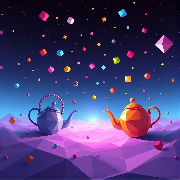 Digital void with low poly teapots and random colorful shapes falling
