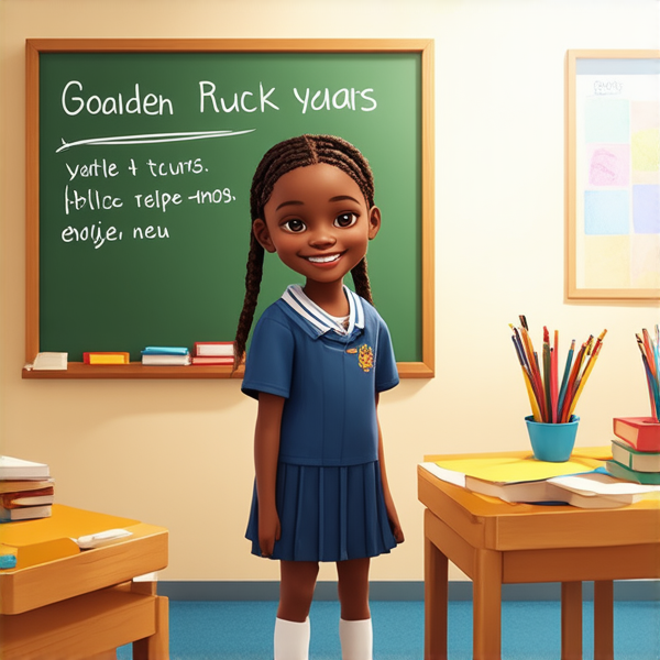 jeune fille noire de 10 ans, vêtue d'un uniforme scolaire des tresses africaines, debout souriante et concentrée devant un tableau noir rempli de regles d'orthographe en français  dans une salle de classe ensoleillée et colorée avec des bureaux en bois et des affiches éducatives sur les murs