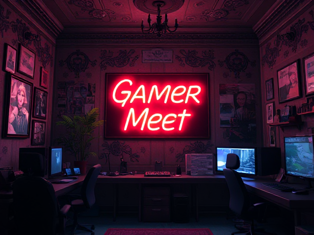 Une chambre de gamer avec un néon où il est écrit: Gamer Meet au centre de l'image