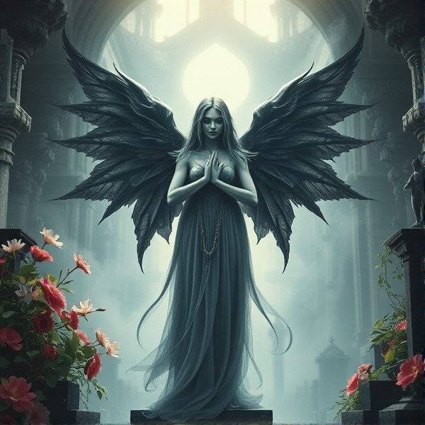 An ethereal figure embodying the concept of death with dark, spectral wings and a serene expression, poised between the vibrant life force represented by blooming flora and the tranquil finality of an ancient crypt, all bathed in a metaphysical glow that suggests the cyclical nature of existence