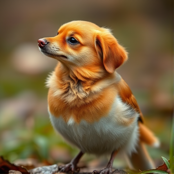 An animal with the body of a robin and the head of a golden retriever