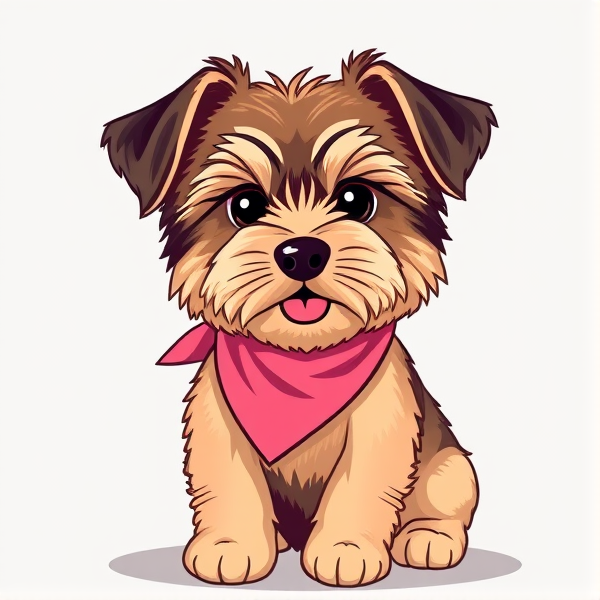 a cartoon of a sassy tan tibetan terrier puppy with black ears and a pink bandana
