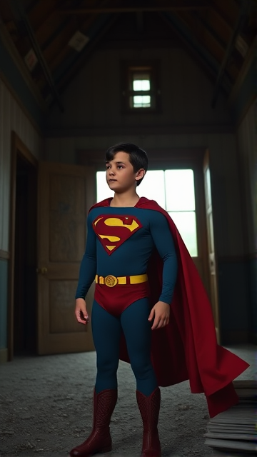 1990's Movie Scene: Jon Kent, AKA Superboy, the young little 12-year old super son of Superman, and the first kid to be born as the world's first Half-Kryptonian child, with an extremely muscular body, the iconic costume, the singular curled bang sticking out at the front of his flat and smooth hair, and a long cape, standing in an abandoned house, looking for clues to the mystery he is trying to solve.