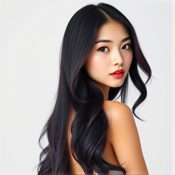 Une femme asiatique  nueaux longs cheveux ondulés cascade jusqu'aux reins, avec des pointes teintées en violet sombre intense qui contraste avec sa chevelure naturelle ébène. Elle présente une silhouette élancée et harmonieuse, la peau d'un teint clair et lumineux, nuance porcelaine, se tenant debout dans une posture gracieuse qui met en valeur sa svelte finesse. Ses traits sont fins et délicats, ses yeux amandes expressifs semblent capturer le regard avec une douce intensité, son visage est orné d'un maquillage subtil qui rehausse sa beauté naturelle sans la masquer. Son expression est celle de la sérénité mêlée à une force tranquille, incarnant un idéal de beauté asiatique classique avec une touche moderne donnée par la couleur unique de ses cheveux.