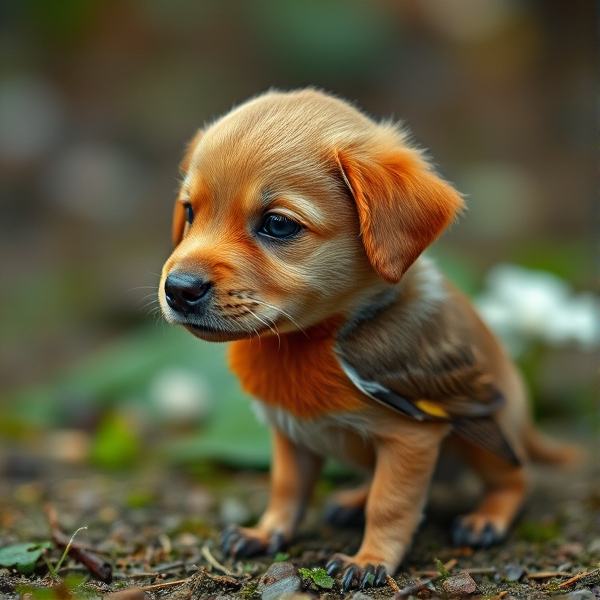 A animal with a golden retriever head and a robin body that is small and newborn