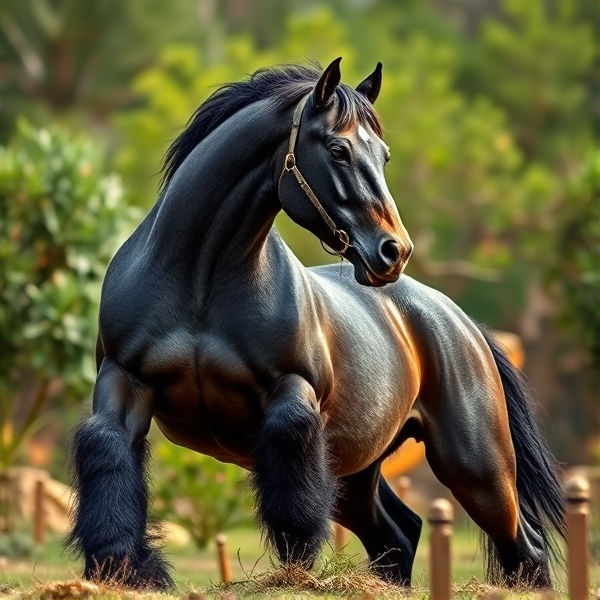 Majestic horse with the muscular body of a gorilla, poised in a natural setting