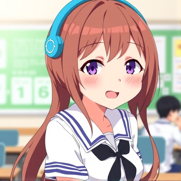 Prompt: Miku Nakano de "The Quintessential Quintuplets" en uniforme scolaire, cheveux brun et caractéristiques distinctives mignonnes,  avec son casque audio bleu caractéristique dans un style d'animation japonaise détaillé, pose souriante et énergique, arrière-plan flou de salle de classe