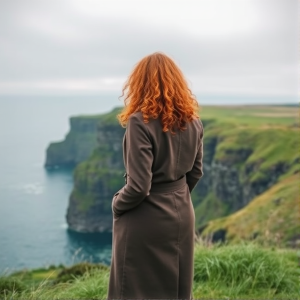Cliffs of Moher very calming with girl facing other way in a long coat and she has very beautiful red curly hair. She is off in the distance with a good view of the cliffs. The sky is grey and the grass is green with very blue water