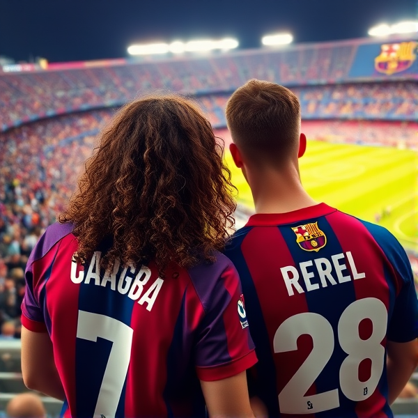 une femme brune aux cheveux bouclés long et un homme brun aux cheveux courts, vus de dos, au Camp Nou, stade mythique du FC Barcelone, en pleine nuit avec une foule animée en arrière-plan. Ils portent fièrement les maillots officiels du FC Barcelone, celui de la femme est personnalisé avec le numéro 7 en blanc, tandis que celui de l'homme arbore le numéro 28 dans une typographie similaire.  L'émotion d'un match passionnant semble flotter dans l'air alors qu'ils regardent vers le terrain vert vibrant où un jeu captivant est sur le point de commencer.