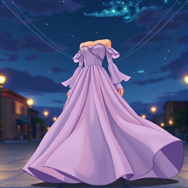 a floor length gown that was a light shade of lilac. The gown itself is flowy and made of light fabric, with a sweetheart neckline and a fitted bodice that hugged the waist with embroidered details on it and long flowy sleeves that are off the shoulders. The skirt had multiple light fabric layered and slightly flared out slightly at the hips, creating a gentle A-line shape.