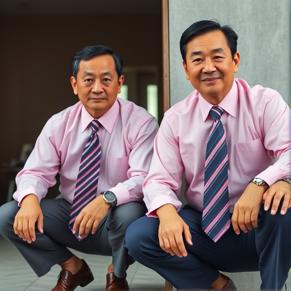 2 businessmen viril  japonais senior accroupis  avec une cravate à larges rayures large et chemise rose. Ils regardent la caméra