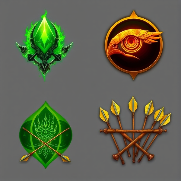 Create random RPG skill icons for a ranger, each featuring intricate designs: 1) An arrowhead surrounded by mystical green flames for a poison shot skill. 2) A silhouette of a hawk's eye for an eagle eye precision skill. 3) A footprint with a glowing aura for a silent step ability. 4) Two crossed longbows with ornate carvings for a double shot ability. 5) A quiver full of various types of arrows to represent an arsenal of elemental shots. Each icon should be distinct and vibrant, suitable for easy identification in a game interface, and should convey the essence of the ranger class with fantasy elements like magic and nature motifs intertwined.