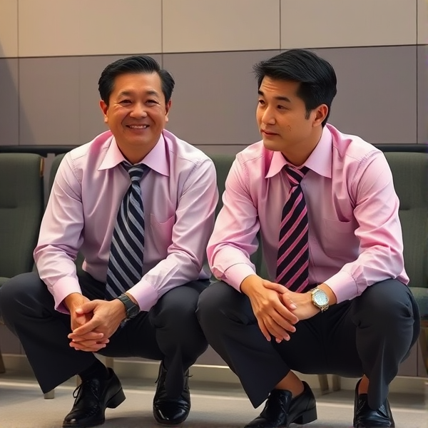 2 businessmen viril  japonais senior accroupis  avec une cravate à larges rayures large et chemise rose