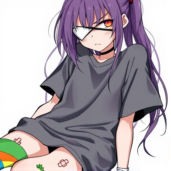 j'ai des cheveux long détachés, j'ai un cache œil je suis dans un long tee-shirt large et un petit short avec des chaussettes multicolores et des pansements