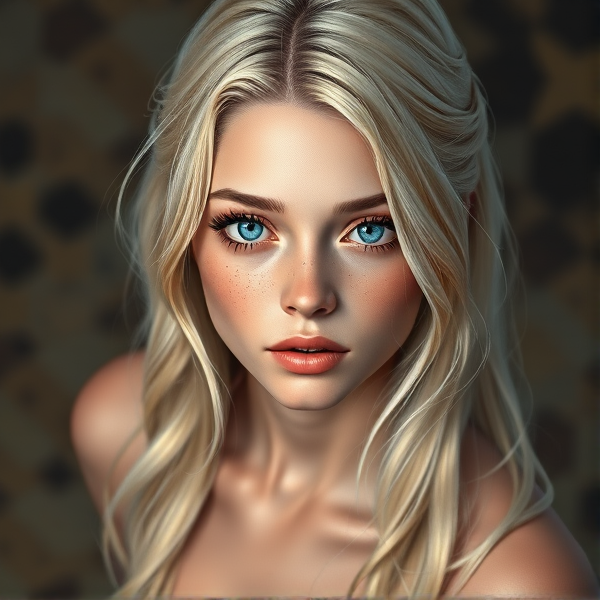 blonde teen, big blue eyes, a few light freckles full body view