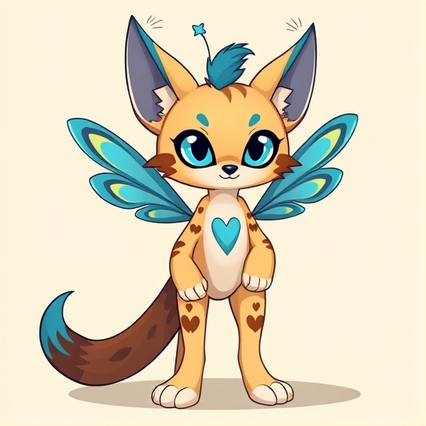 Lynx beige fursona furry with brown and blue markings and blue ears, star blue antennae with 2 bug wings and 4 arms. Cartoony silly little Lynx fursona scenecore with a blue hair tuft. Standing on two legs and  no lighter markings standing on two legs. Blue inside the ears and a blue and brown heart on her tail. Her tail fades into a dark and a lighter blue. Standing on 2 legs on 2 legs not on 4 legs she is standing on two legs two of them and she’s standing on 2 legs like a human but she isn’t human okay. Oh my gosh I said she’s a furry so she’s standing on 2 legs and also she’s a Lynx and where is her antennae  she has antennae shaped into the shape of a star on top of her head. She is a lynx cat and crossed with a mantis.