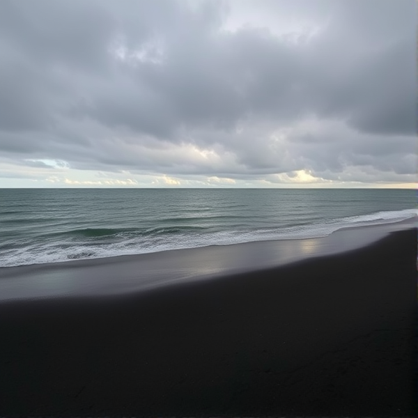 Une plage très sombre ou la mer est noire opaque ....