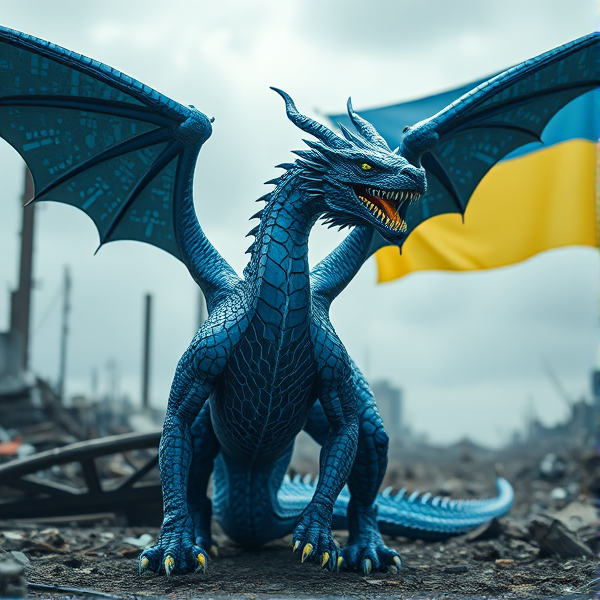 An exquisitely crafted dragon, sleek and aerodynamic, with a pair of majestic wings adorning either side of its sinewy frame. Its scales are a marvel of complexity, akin to miniature circuit boards with interwoven lines that pulsate with an artificial glow, simulating the rhythmic beat of life. Plumes of digital smoke waft from its nostrils in sync with the deep, vibrating growls that reveal razor-sharp fangs aglow with electrical energy. To honor cultural heritage and solidarity, elements reflective of the Ukrainian flag's blue and yellow hues are weaved into the creature's design. The dragon stands dominant against a backdrop of stark ruin and decay characteristic of a world after collapse; in the distance unfurls the Ukrainian flag—halved horizontally, celestial blue atop vibrant yellow.