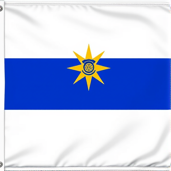 The flag is divided into three horizontal stripes. The top and bottom stripes are a rich, deep blue, while the middle stripe is a brilliant, bright white. Centered on the white stripe is a large, golden circle with a smaller, intricate pattern inside that resembles a compass rose. The design is bold and symmetrical, with clean lines and sharp contrasts. The flag's edges are lined with a thin, silver border that catches the light, adding a sleek and polished finish. The colors are vibrant and the overall design is striking, ensuring the flag stands out clearly from a distance.