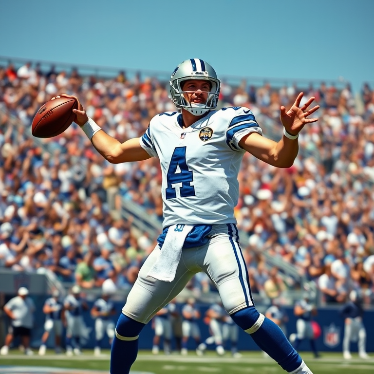 dak prescott in Dallas Cowboys uniform throwing a football during an NFL game, dynamic action shot, stadium filled with cheering fans in the background, clear sunny day