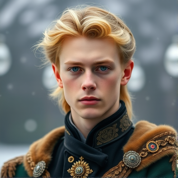 19 year old prince with golden hair, sharp facial features, and emerald eyes. He lives in Norway. He wears regal clothes