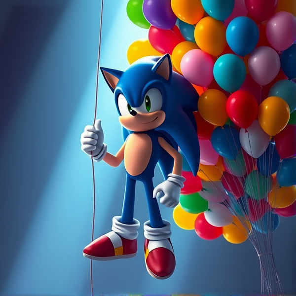 Sonic standing pose hanging helium gas cylinder tank and big bunch of many colorful 16 inch balloons 450 each