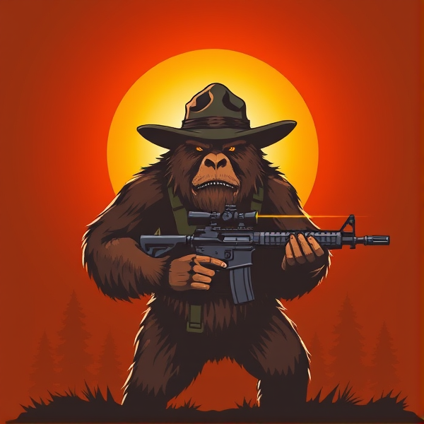 Tactical Sasquatch holding a rifle wearing a mount hat