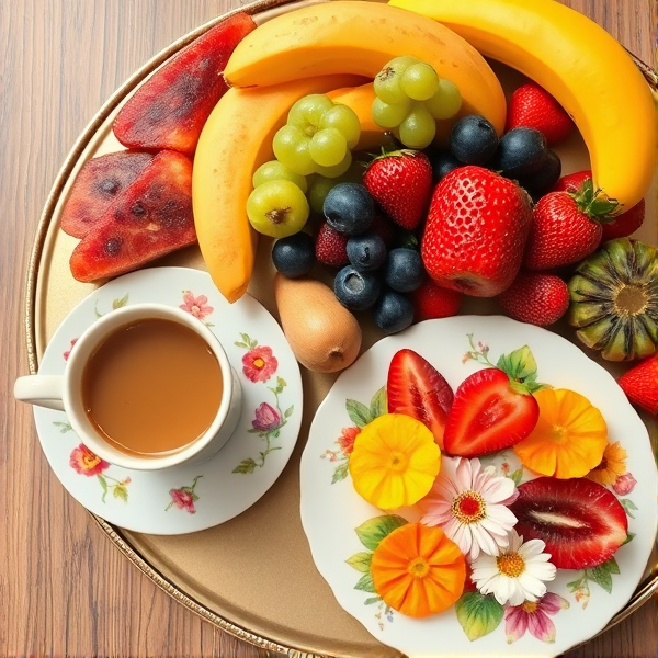 Fruit platter with different fruits and a flower plate with a cup of coffe next to the platter