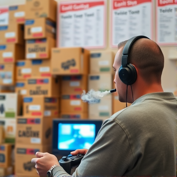Light skin guy smoking playing video games . Ultimate verified vendor list on wall. Boxes in back ground