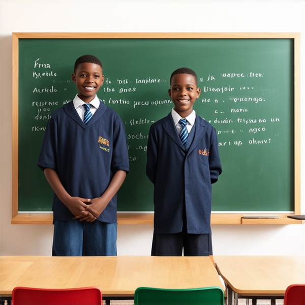 deux garçons noirs de 14 ans, vêtue d'uniforme scolaire , debout souriante et concentrée devant un tableau noir rempli de regles d'orthographe en français  dans une salle de classe ensoleillée et colorée avec des bureaux en bois et des affiches éducatives sur les murs