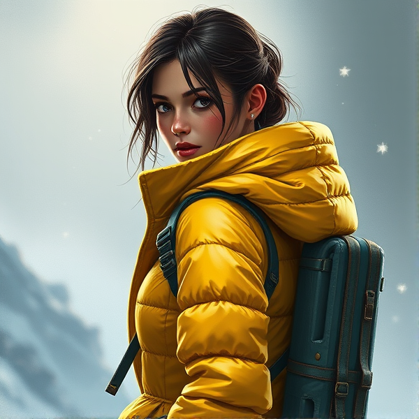 Lara Croft wearing a thick shiny yellow puffy jacket and backpack