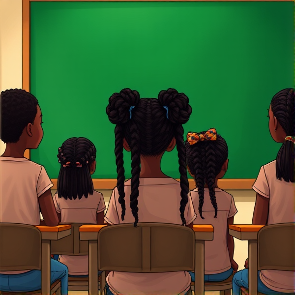 des filles noires de huit ans avec des tresses africaine et des garçons assis dans une classe face au tableau vert