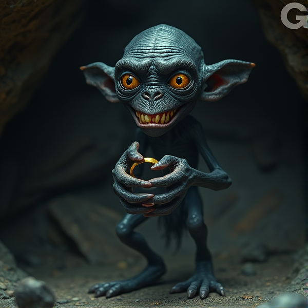 Make a photo of gollum from lord of the rings. He is a small, skinny, shriveled creature with black skin, six sharp teeth, and two large, luminous eyes. He has cold clammy hands and webbed feet. He stands in an underground cave, and holds a golden ring in his hands.