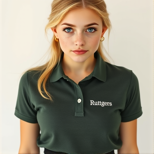 Photorealistic portrait of a youthful, naturally beautiful 19-year-old woman with blonde hair styled softly to convey an effortless appearance. Her bright blue eyes are accentuated by thick black lashes and her face is framed by a heart-shaped countenance. A delicate scattering of light freckles embellishes her nose, adding charm to her front-facing pose. She dons a dark green-gray polo shirt, the fabric clinging just enough to suggest a slender figure without being tight, featuring subtle white embroidery that spells "Ruttgers" over the left chest area. This is paired with a tasteful black mini skirt that enhances her chic yet simple style. Small gold hoop earrings add a modest touch of elegance to complete the image which embodies youthful grace and an air of simplicity.