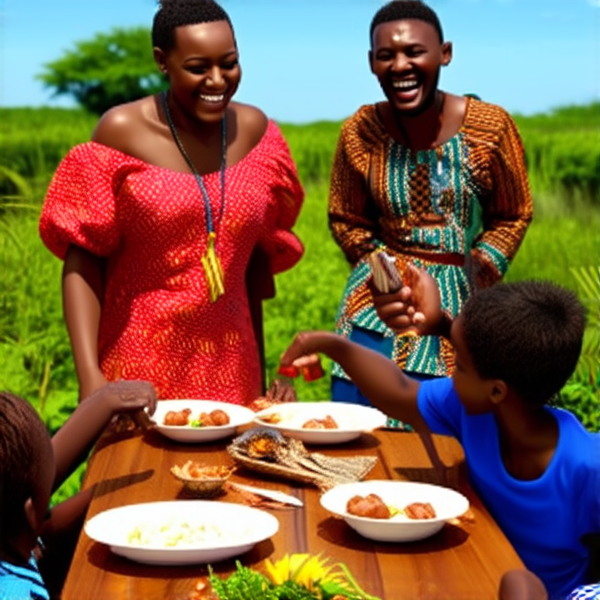 Famille nombreuse souriante réunie autour d'une table rustique en bois garnie de plats traditionnels africains, sous un ciel bleu dans un cadre champêtre avec des arbres et une végétation luxuriante, portant des vêtements africains colorés et variés, échangeant des rires et des conversations chaleureuses