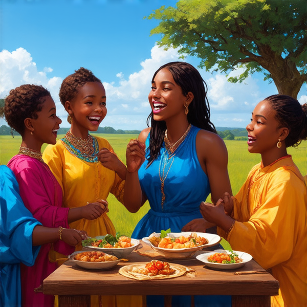 Famille nombreuse souriante réunie autour d'une table rustique en bois garnie de plats traditionnels africains, sous un ciel bleu dans un cadre champêtre avec des arbres et une végétation luxuriante, portant des vêtements africains colorés et variés, échangeant des rires et des conversations chaleureuses