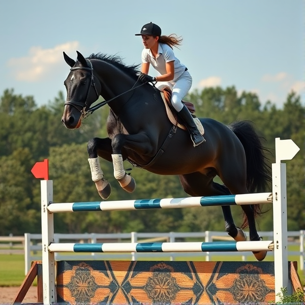 full jump image of a teenager girl jumping a oxer jump on a big black horse with white legs 
do not cut the jump out show the entire jump