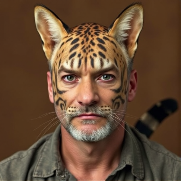 A man with a feline like face with ears and tail