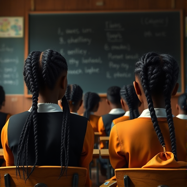 des écolières noires avec des tresses africaine et garçons assis dans une classe face au tableau