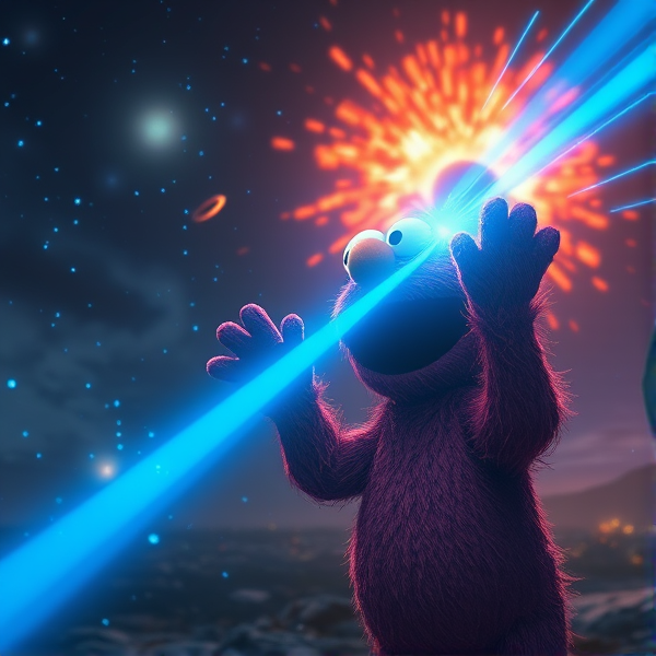 Elmo using a blue beam of light from his hands exploding a rock in the distance at night