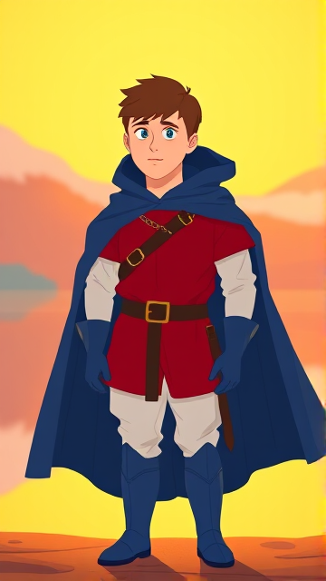 Clyde Donovan from South Park, light skin and brown hair, but as a 14-Year Old, dressed as a medieval prince with a red shirt with white sleeves, a black belt with a gold buckle, white pants, blue boots, blue long-cuffed gloves, and wreathed in a really big, heel-length long, ultra-wide blue hooded cape, now known as Prince Donovan. Despite still being a kid, he is the Youngest Ruler of South Park, Colorado, but now reborn as the real life Kingdom of Kupa Keep, Zaron, and Prince Donovan is its youngest and greatest hero. The young teenage prince of Kupa Keep is currently standing by the shoreline of a lake, looking out to the horizon and wondering what his next adventure will be.