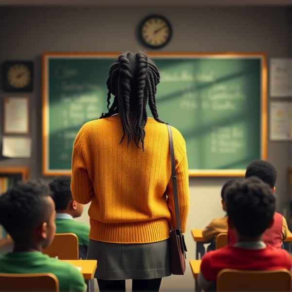 Une enseignante noire âgée de quarante ans coiffée de tresses africaines traditionnelles, portant un pull jaune  se tient le dos tourné en train d'y écrire à la craie blanche au tableau dans une salle de classe avec des élèves noires agés de huit ans.