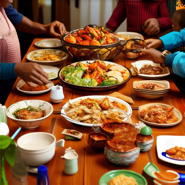 Repas de famille afro-américaine traditionnel, réunis autour d'une grande table avec des plats faits maison typiques