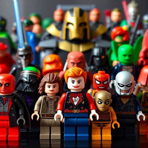Lego Darth Vader,Lego  Emperor Palpatine, Lego Darth Maul, Lego Count Dooku, Lego General Greivous, Lego Kylo Ren, Lego Boba Fett, Moff Gideon, Lego Captain Phasma, Lego Thanos (Infinity War), Lego Loki (Avengers 2012), Lego Abomination (Inredible Hulk movie), Lego Erik Killmonger, Lego  T-1000, Lego Terminator (T-101), Lego Agent Smith, Lego Red Skull, Lego Darkseid (Zack Snyder’s Justice League), Sinestro, Lego  Reverse Flash, Zod (Man of Steel), Lego Gollum, Lego Sauron, Lego Saruman, Lego Joker (Heath Ledger), Lego Joker (Batman: The Animated Series, Lego Harley Quinn (Batman: The Animated Series), Lego Lex Luthor (Superman: The Animated Series), Lego Lex Luthor (Zack Snyder’s Justice League), Lego Lex Luthor (Gene Hackman), Lego Bane (Tom Hardy), Lego Joker (Jack Nicholson), Lego Penguin (Danny DeVito), Lego Thaddeus Sivana, Lego Deathstroke (Zack Snyder’s Justice League), Lego Voldemort, Lego Peter Petigrew, Lego Fenrir Greyback, Lego Bellatrix LeSTrange, Lego Jim Carrey Dr. Robotnik, Lego Kingpin (Vincent D’Nofrio), Lego Green Goblin (Spider-Man 2002), Lego Doctor Octopus (Spider-Man 2), Lego Magneto (Ian McKellen), Lego Sandman (Spider-Man 3), Lego Lizard (The Amazing Spider-Man), Lego Electro (Spider-Man: No Way Home), Lego Doctor Doom (Julian McMahon) and Lego Davy Jones assembling.