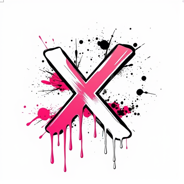 Write a drip, X, vibrant and cartoony using black-and-white splash