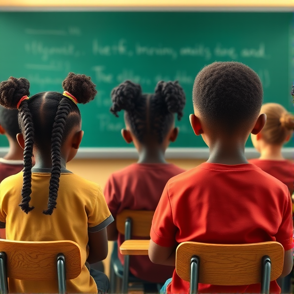 des filles noires de huit ans avec des tresses africaine et des garçons assis dans une classe face au tableau vert