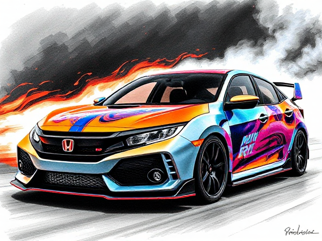 Honda Civic Type R personnalisée aux couleurs vives et design inspiré par le film Fast and Furious, avec des détails haute définition, des motifs de flammes ou éclairs dynamiques et un effet de vitesse saisissant