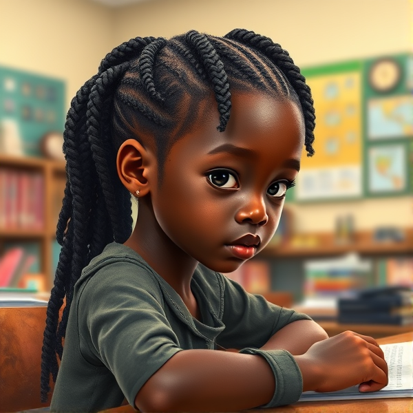 A young African girl, approximately 8 years old, with intricate braided hair, sitting attentively at her desk in a brightly lit classroom setting, surrounded by educational materials and school supplies